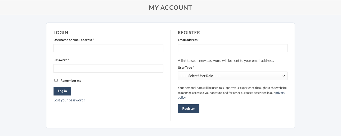 Global Cap Supply My account page: login on the left; email address, User Type and Register button on the right