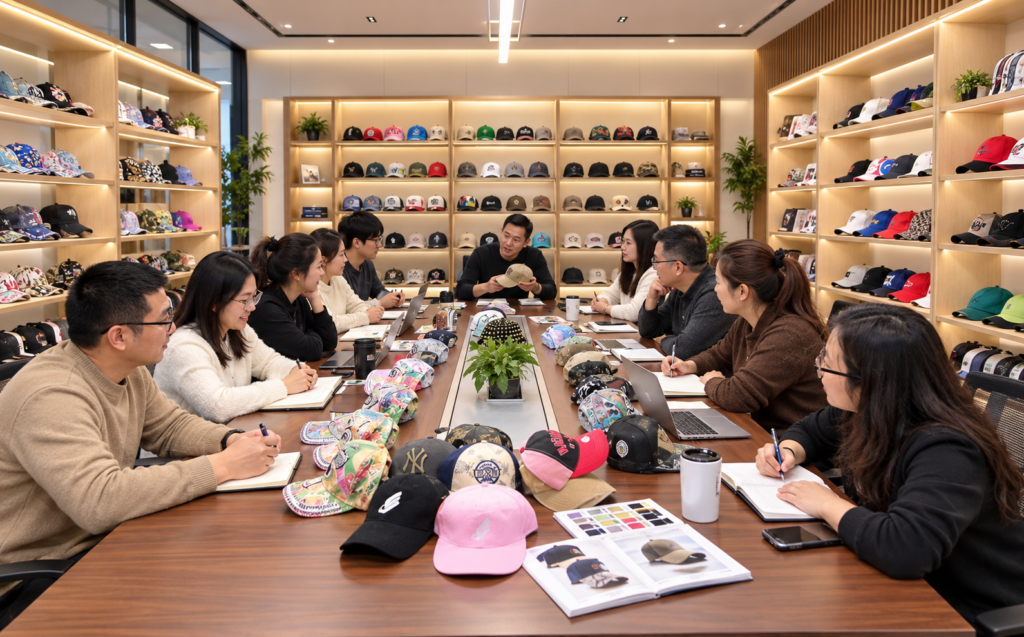 Team discussing cap designs around a table in a hat showroom